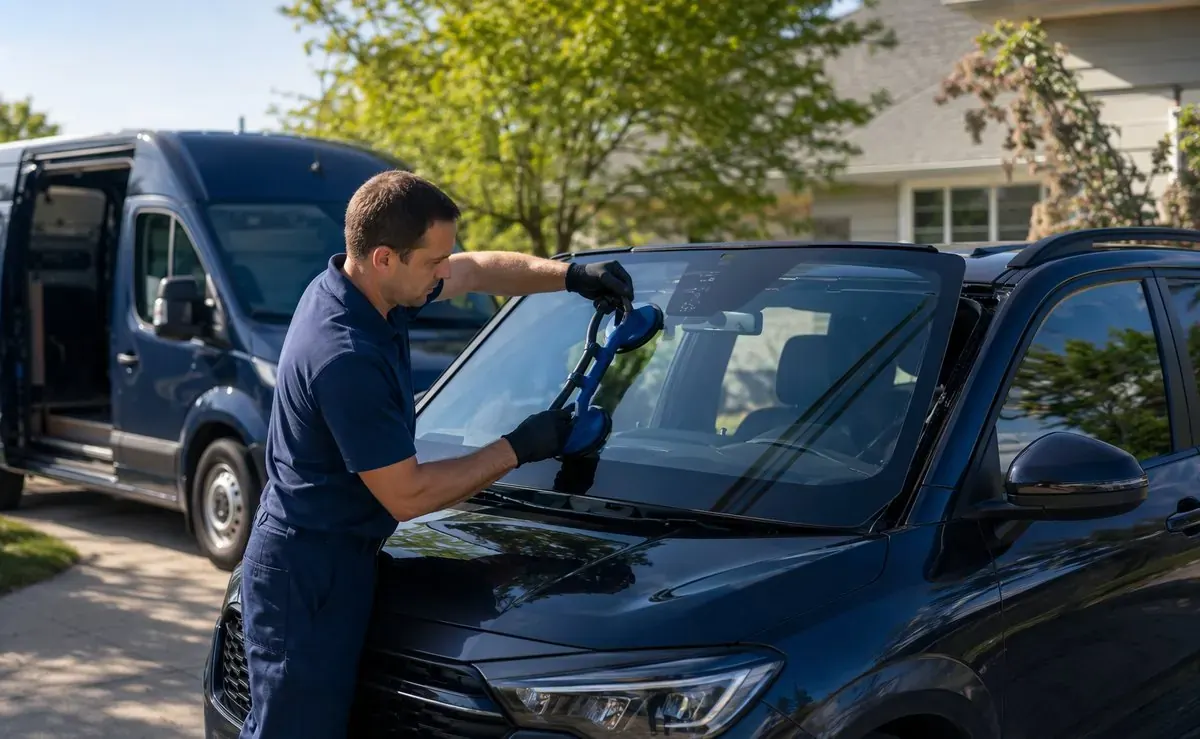 Technician performing mobile windshield service at a customer home