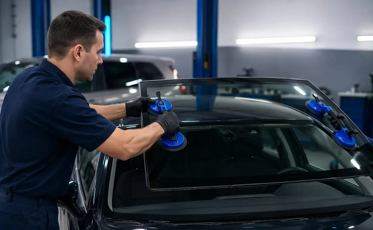 Technician installing a new windshield in a professional workshop
