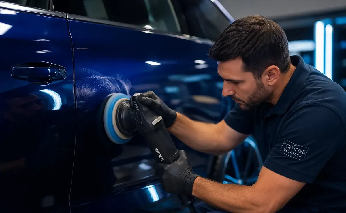 Machine polishing scratch repair on a glossy blue panel