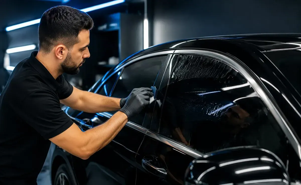 Professional window tint application on a luxury vehicle